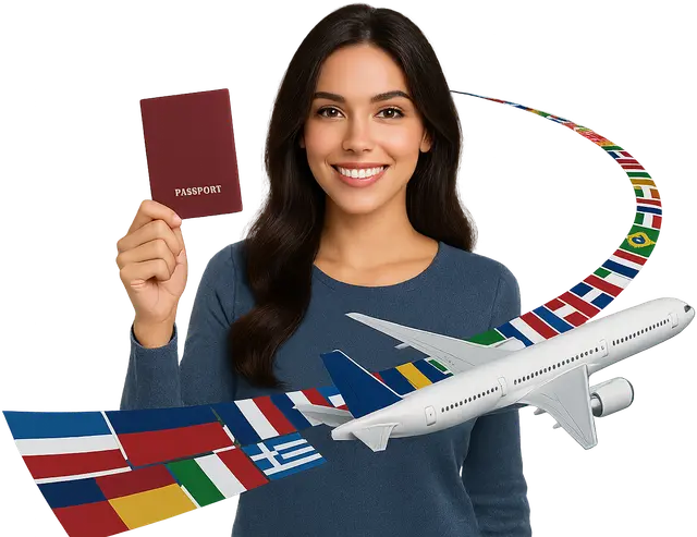 Mulher sorridente segurando passaporte